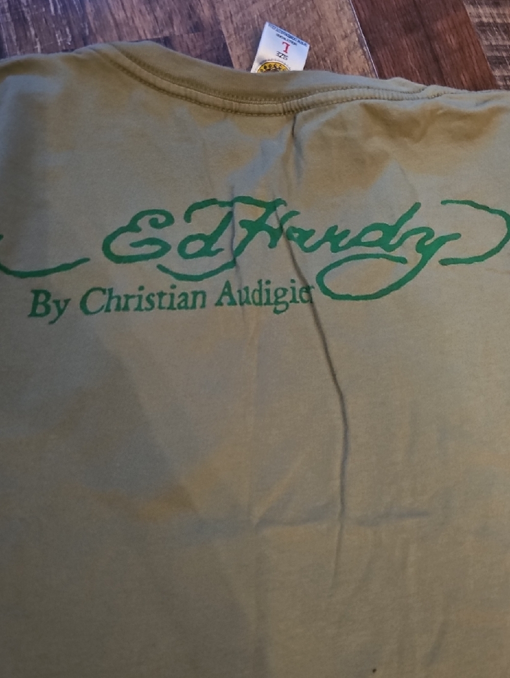 Ed Hardy Olive Tee with Purple Rose and Red Heart Graphic - Picture 7 of 7